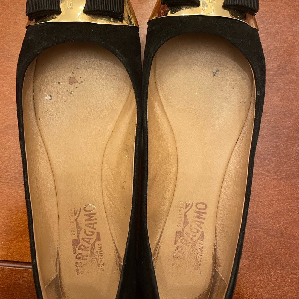 Ferragamo gold cap toe suede flats